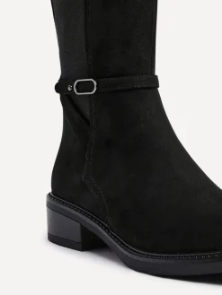 Linzi Power High Leg Boots With Stretch Side Panel and Buckle Detail Black Dark New