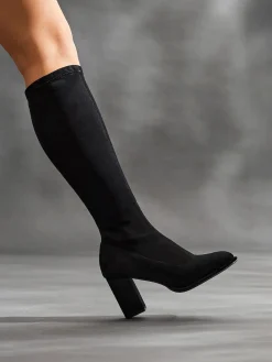 Linzi Black Kylie Stretch High Leg Block Heeled Boots Hot