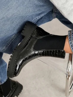 Linzi Black Landon Chunky Croc Mix Ankle Boots With Stud Detail Sole Sale