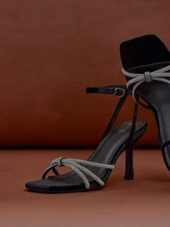 Linzi Black Polly Stiletto Heeled Sandals With Diamante Knot Detail New