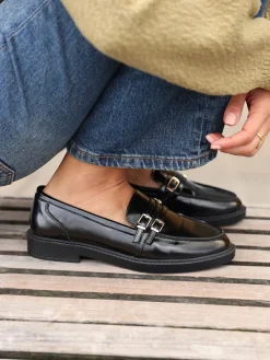 Linzi Black Portland Loafers With Double Buckle Detail Online