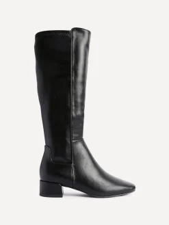 Linzi Revolve Stretch High Leg Boot With Low Block Heel Black PU Outlet