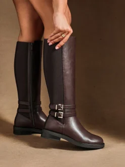 Linzi Brown Fierce High Leg Boots With Double Buckle Detail Discount