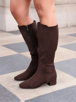Linzi Revolve Stretch High Leg Boot With Low Block Heel Brown Light Discount