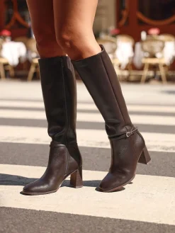 Linzi Midtown Block Heel High Leg Boots With Buckle Detail Brown Clearance