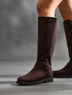 Linzi Wide Fit Wide Fit Steel High Leg Boots With Stretch Panel Brown Hot