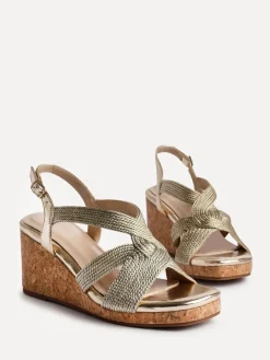 Linzi Destined Cork Wedges With Crossover Textured Straps Gold Hot
