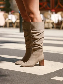 Linzi Alpine Ruched High Leg Boots Mocha Online