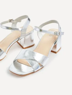 Linzi Vivian Wide Fit Heeled Sandals With Crossover Front Strap Silver Clearance