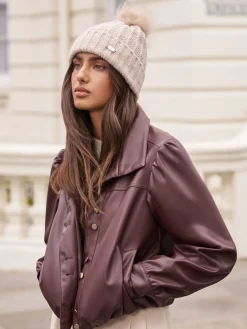 Lipsy Beige Shimmer Ribbed Pom Hat