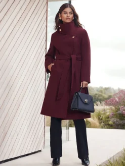 Lipsy Asymmetrical Funnel Neck Belted Coat Berry Red