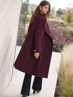 Lipsy Asymmetrical Funnel Neck Belted Coat Berry Red