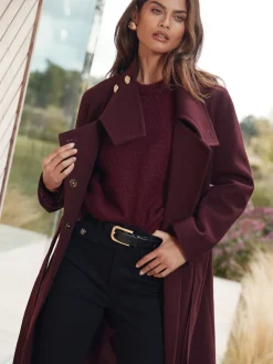 Lipsy Asymmetrical Funnel Neck Belted Coat Berry Red