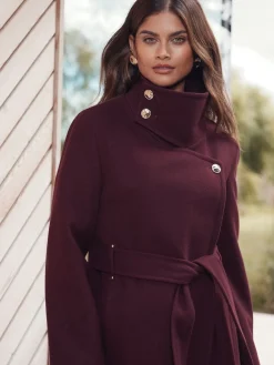 Lipsy Asymmetrical Funnel Neck Belted Coat Berry Red
