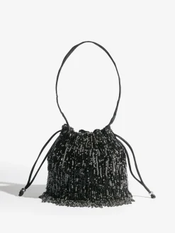 Lipsy Black Beaded Fringe Satin Shoulder Bag