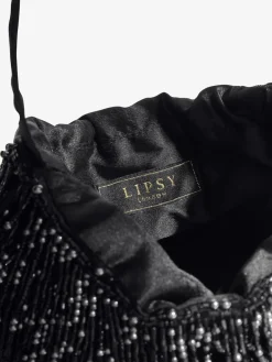 Lipsy Black Beaded Fringe Satin Shoulder Bag