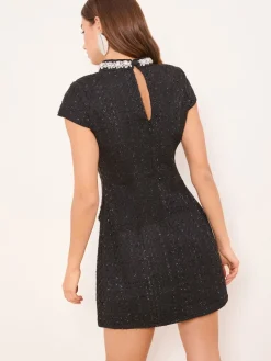 Lipsy Black Boucle Pearl Trim High Neck Mini Dress Outlet