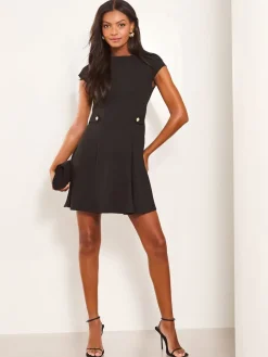 Lipsy Button Side Mini Skater Dress Black New
