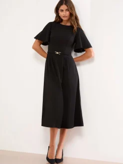 Lipsy Crew Neck Short Sleeve Fit and Flare Midi Dress with Gold Trim Belt Black Outlet