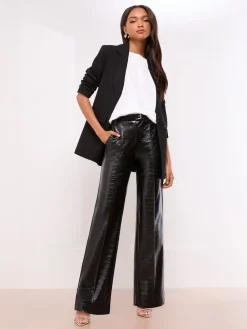 Lipsy Pintuck Tailored Wide Leg Trousers Black Croc Faux Leather Sale