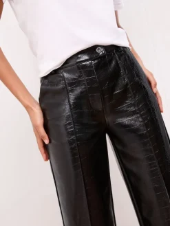 Lipsy Pintuck Tailored Wide Leg Trousers Black Croc Faux Leather Sale