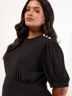 Lipsy Black Curve Military Button Short Sleeve Midi Jersey Dress Outlet