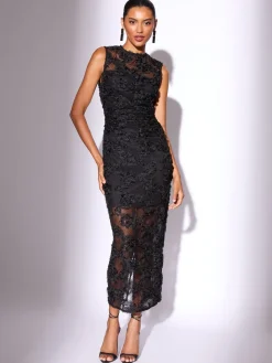 Lipsy Black 3d Floral Mesh Midaxi Bodycon Dress Best