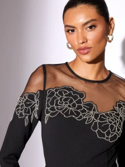 Lipsy Black Embellished Floral Long Sleeve Skater Mini Dress Online