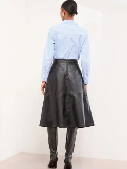 Lipsy Textured Fit and Flared Midi Skirt Black Faux Leather New