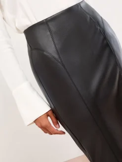 Lipsy Side Split Midi Skirt Black Faux Leather