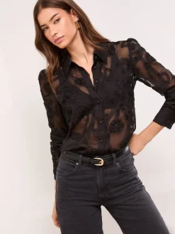 Lipsy Burnout Button Through Shirt Black Floral Online