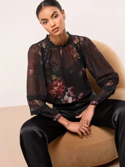 Lipsy Black Floral Lace Insert Sheer Blouse Discount