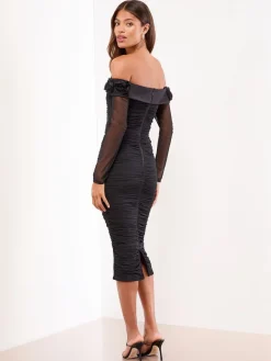 Lipsy Black Flower 3D Trim Bardot Long Sleeve Mesh Bodycon Midi Dress Outlet
