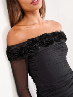 Lipsy Black Flower 3D Trim Bardot Long Sleeve Mesh Bodycon Midi Dress Outlet
