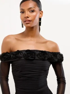 Lipsy Black Flower 3D Trim Bardot Long Sleeve Mesh Jumpsuit Outlet