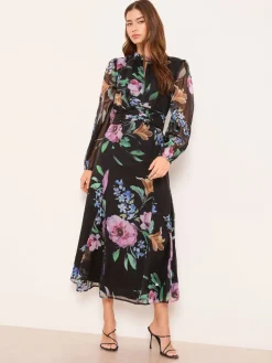 Lipsy Black Long Sleeve Woven Floral Midi Dress Online