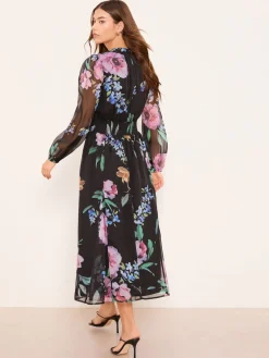 Lipsy Black Long Sleeve Woven Floral Midi Dress Online