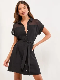 Lipsy Black Mini Mesh Insert Belted Shirt Dress New