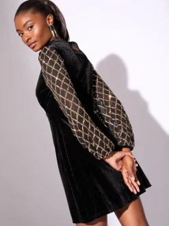 Lipsy Black Mini Velvet Sequin Detail Long Sleeve Shift Dress Online