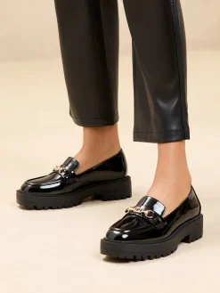 Lipsy Wide Fit Chunky Snaffle Trim Detail Faux Leather Loafers Black Patent Clearance