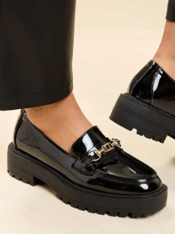 Lipsy Wide Fit Chunky Snaffle Trim Detail Faux Leather Loafers Black Patent Clearance