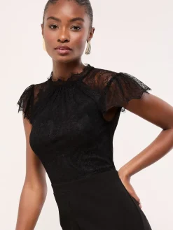 Lipsy Black Petite Lace High Neck Short Sleeve Jumpsuit