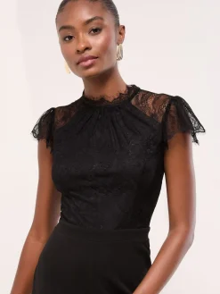 Lipsy Black Petite Lace High Neck Short Sleeve Jumpsuit