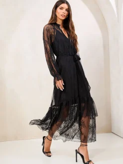 Lipsy Black Petite Lace Ruffle Long Sleeve Midi Dress Outlet