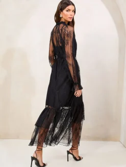 Lipsy Black Petite Lace Ruffle Long Sleeve Midi Dress Outlet