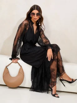 Lipsy Black Petite Lace Ruffle Long Sleeve Midi Dress Outlet