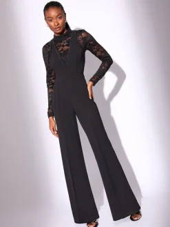 Lipsy Black Petite Long Sleeve Lace High Neck Jumpsuit Hot