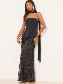 Lipsy Black Premium Bandeau Corset Sequin Combination Maxi Dress Clearance