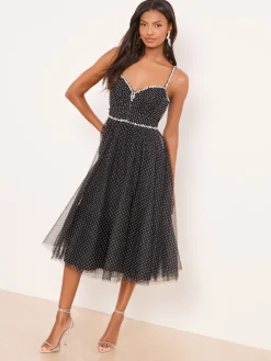 Lipsy Black Premium Diamonte Embellished Spot Strappy Prom Midi Dress Discount