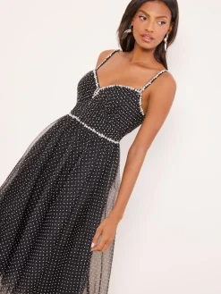 Lipsy Black Premium Diamonte Embellished Spot Strappy Prom Midi Dress Discount